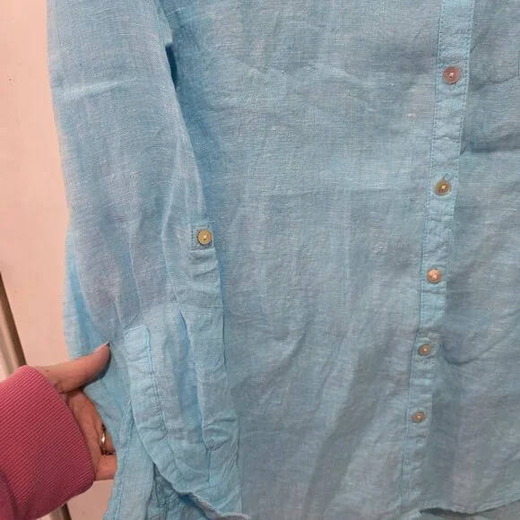 Sigrid Olsen Blue 100% Linen Button Up Shirt Women’s Medium V Neck - Picture 4 of 6